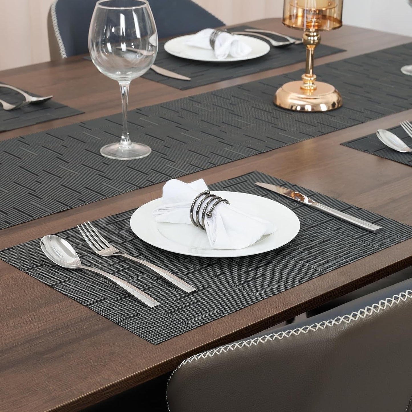 Myir JUN Placemats Set of 6, Vinyl Woven Placemats Place Mats Indoor Washable Table Mats Non-Slip Place mats for Dining Table (Black-Gray, Set of 6)