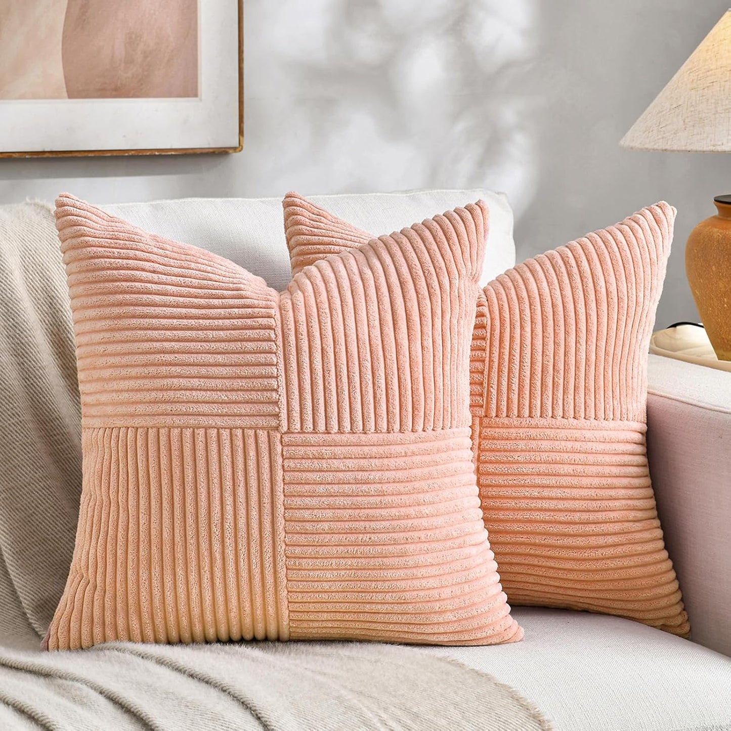 Fancy Homi 2 Packs Peach Decorative Throw Pillow Covers 18x18 Inch for Living Room Couch Bed Sofa, Rustic Boho Farmhouse Home Decor, Soft Corss Corduroy Patchwork Textured Square Cushion Case 45x45 cm