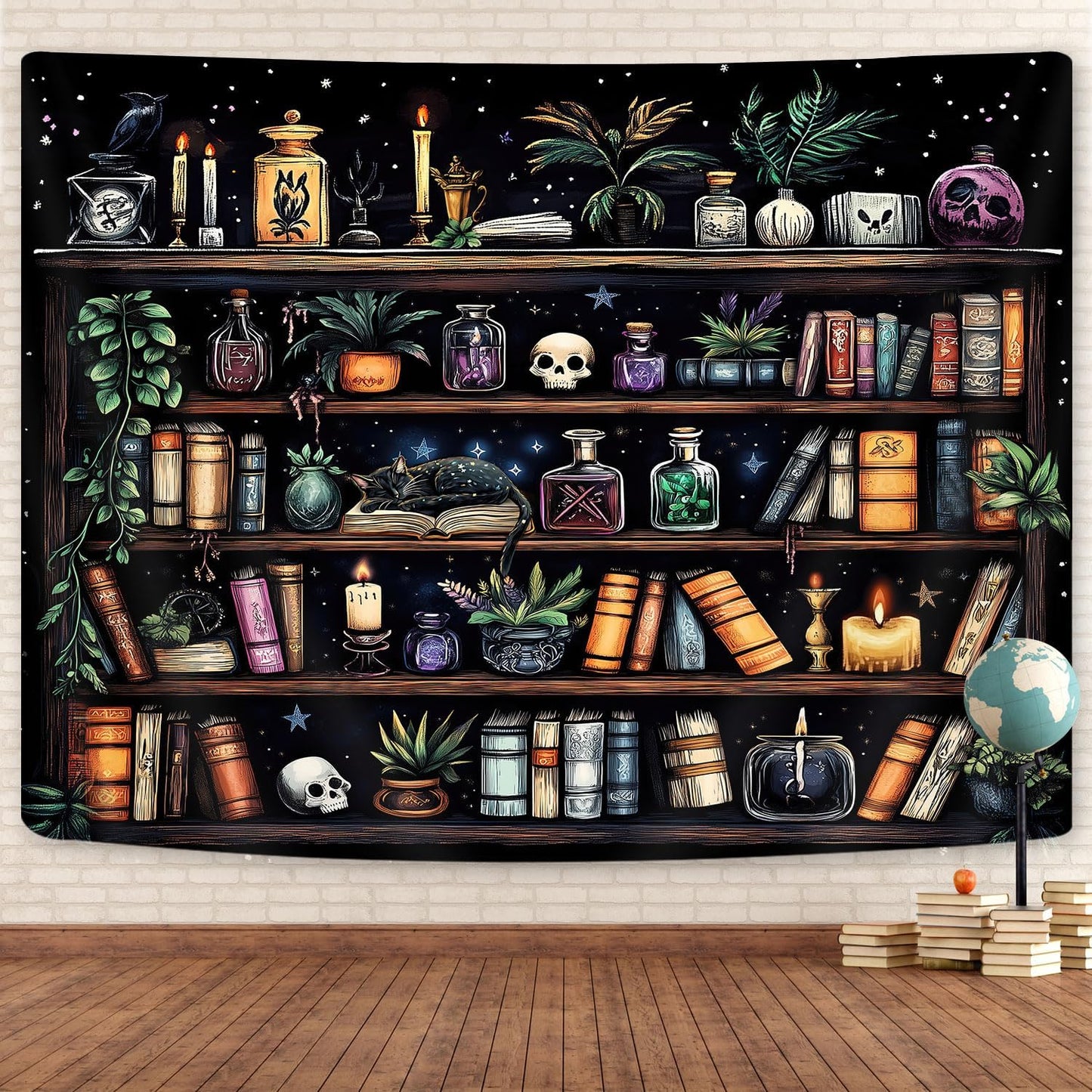 Bookshelf Tapestry Magical Library Witchy Tapestries, Vintage Fantasy Dark Bookshelf Hippie Cool Wall Tapestries Gothic Skull Black Cat Book Aesthetic Decor for Study Classroom, 60X40