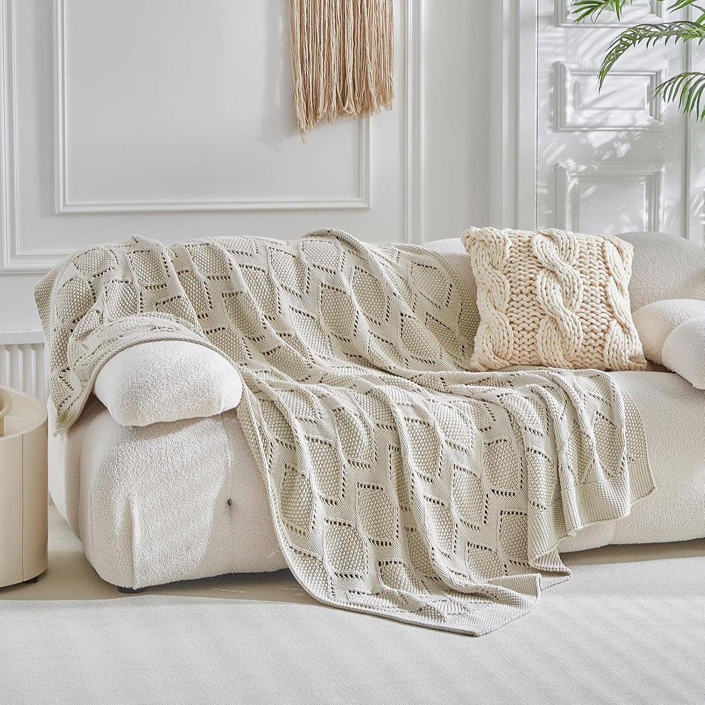 Longhui bedding Chunky Cotton Knit Throw Blanket for Couch, Sofa, Bed, or Chair, Decorative Breathable Fall Cable Knit Blanket 60 x 80 Inches, Large Medium Weight Beige