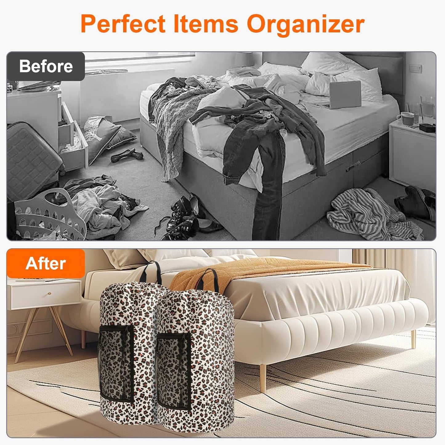 Laundry Bag Backpack Durable Laundry Bag with Shoulder Straps and Mesh Pockets Portable Laundry Dirty Clothes Hamper Bag for College Dorm (Leopard Print)