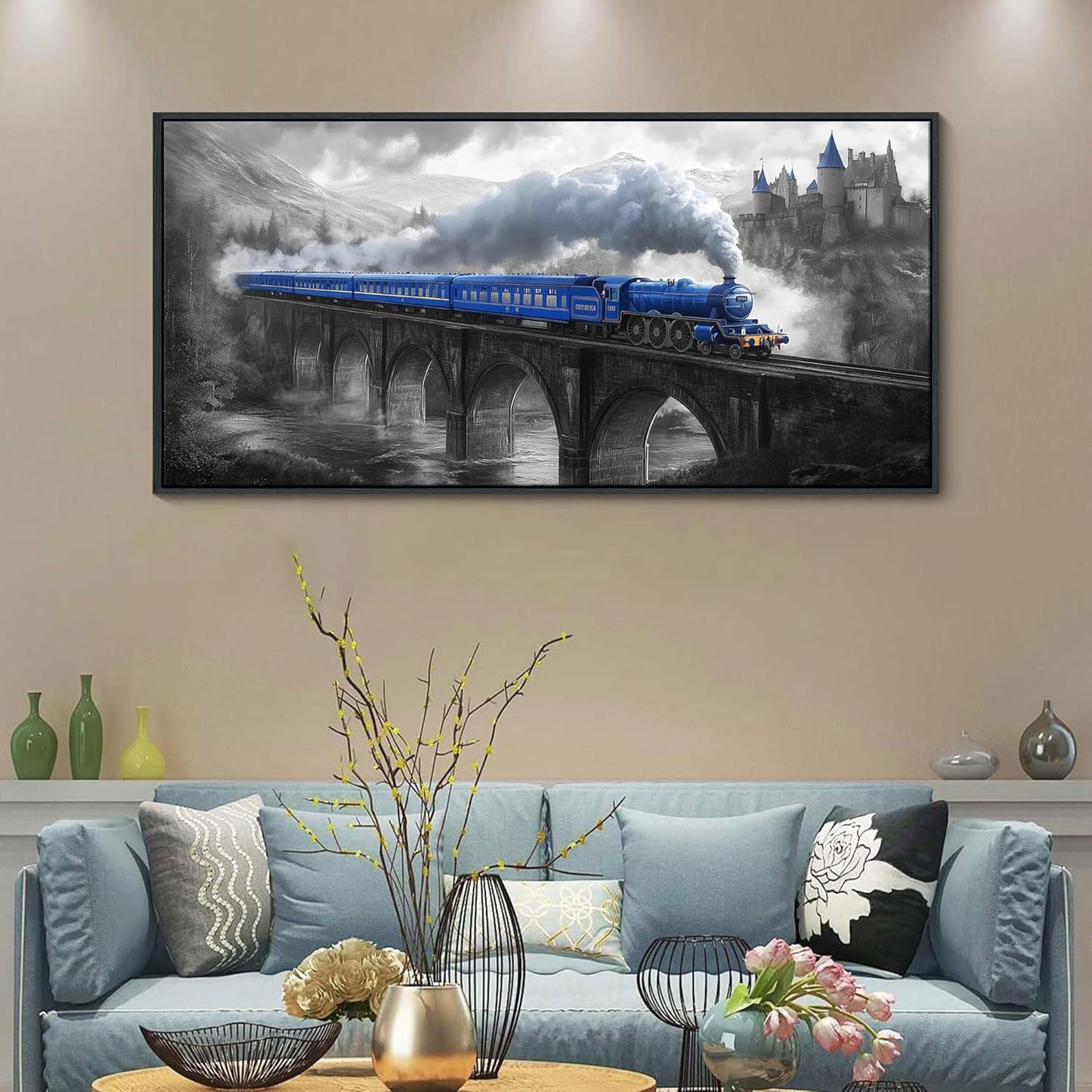 JEAWA Large Framed Canvas Wall Art - 24x48 IN Blue White Gray Landscape Wall Decor, Picture with Castle Bridge Train, Art Prints for Living Room Bedroom Bathroom Home Decoration