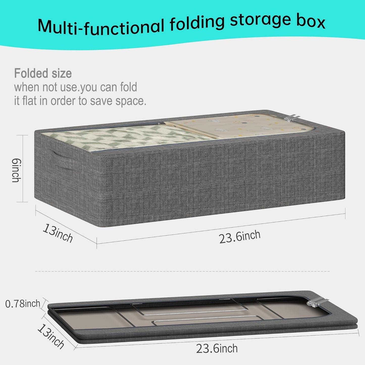 3PCS Under Bed Storage Bins with Metal Frame, Linen Fabric Frame Storage Box Clothes Organizer Bins, Underbed Container with Clear Window (Dark Grey, 15.7 x 13 x 6IN)