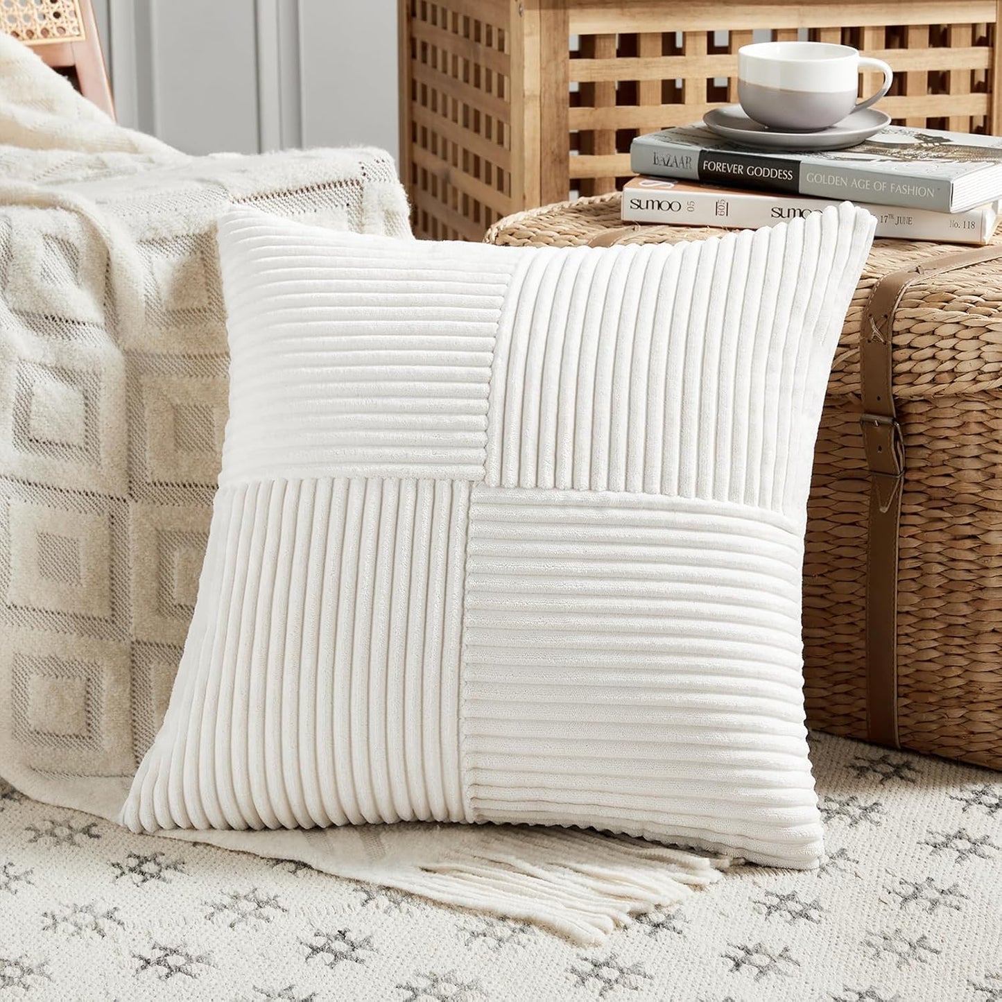 Fancy Homi 2 Packs Cream White Euro Decorative Throw Pillow Covers 26x26 Inch for Couch Bed Sofa, Farmhouse Boho Home Decor, Soft Corss Corduroy Patchwork Textured Square Cushion Case 66x66 cm