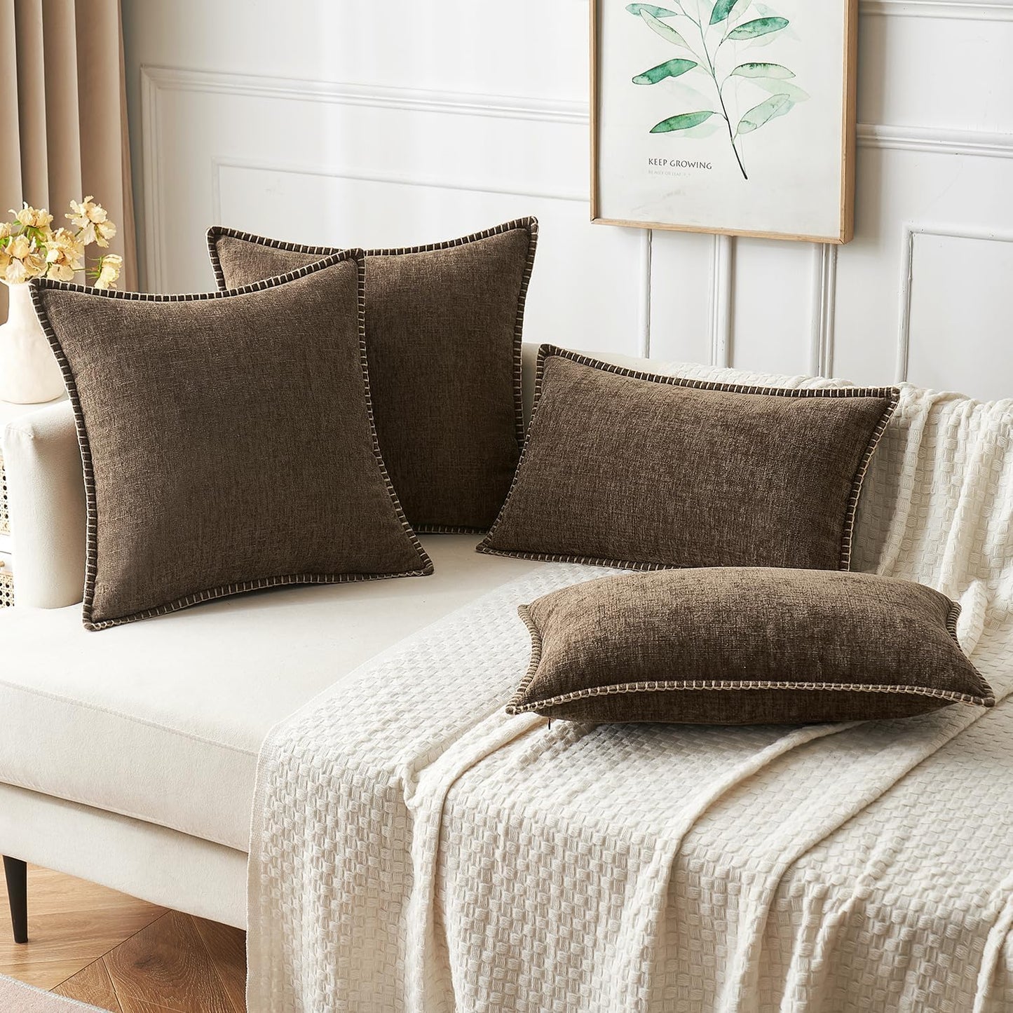 MIULEE Pack of 2 Couch Throw Pillow Covers 18x18 Inch Brown Farmhouse Decorative Pillow Covers with Stitched Edge Soft Chenille Solid Dyed Spring Pillow Covers for Sofa Bed Living Room