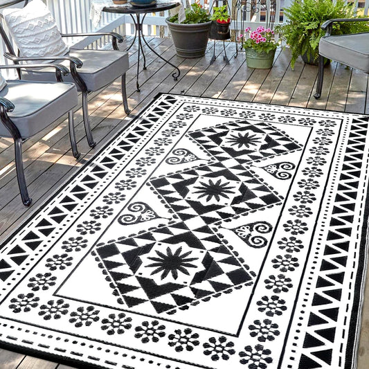 Waterproof Outdoor Rug 8x10ft, Reversible Plastic Straw Mat Rugs for Patio RV Deck Porch Backyard Balcony Camping Picnic Beach Indoor Outdoor Carpet, Black&White