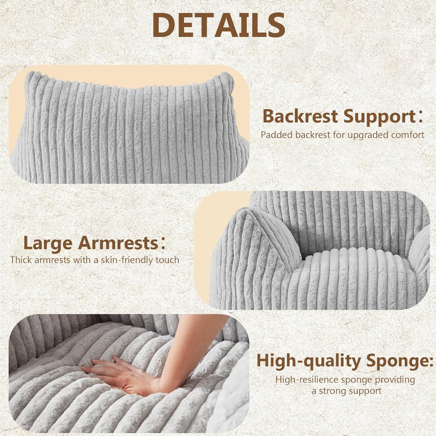 Giant Bean Bag Chairs for Adults Teens, Large Bean Bag Sofa Chairs with Filling Comfy Fuzzy BeanBag Chair with Armrests for Bedroom Living Room Reading
