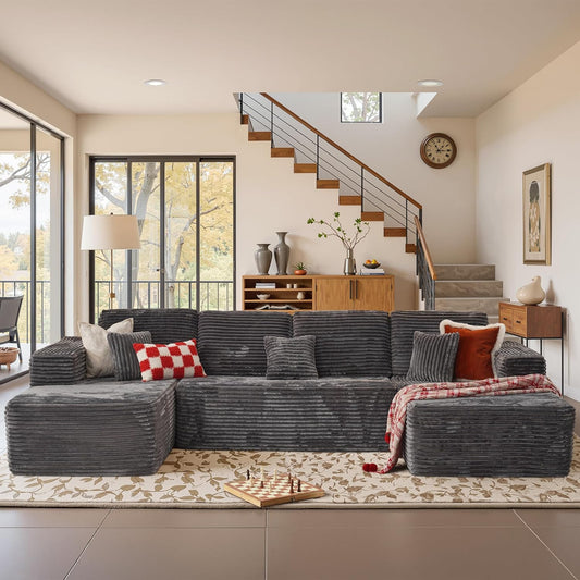 Cloud Sectional Couches for Living Room,U Shaped Modular Sofas No Assembly,133x68 Inches Plush Corduroy Oversized Floor Couch Set with Deep Seat Chaise,Grey