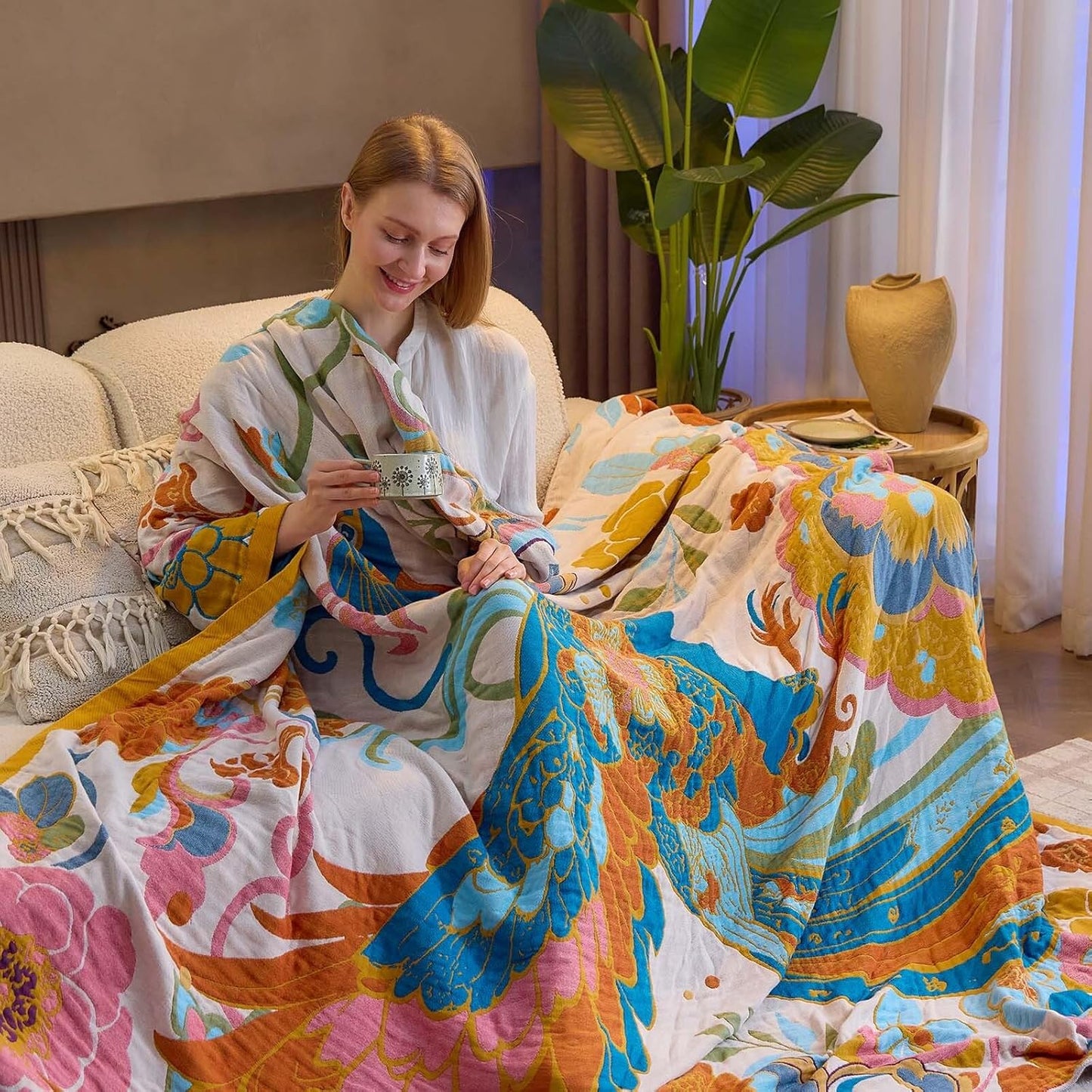 Boho Throw Blanket, Lightweight Blankets for Summer, 100% Cotton Bohemian Decorative Throw Blanket, 80"x90" Reversible Muslin Breathable Woven Farmhouse Blankets Quilt,