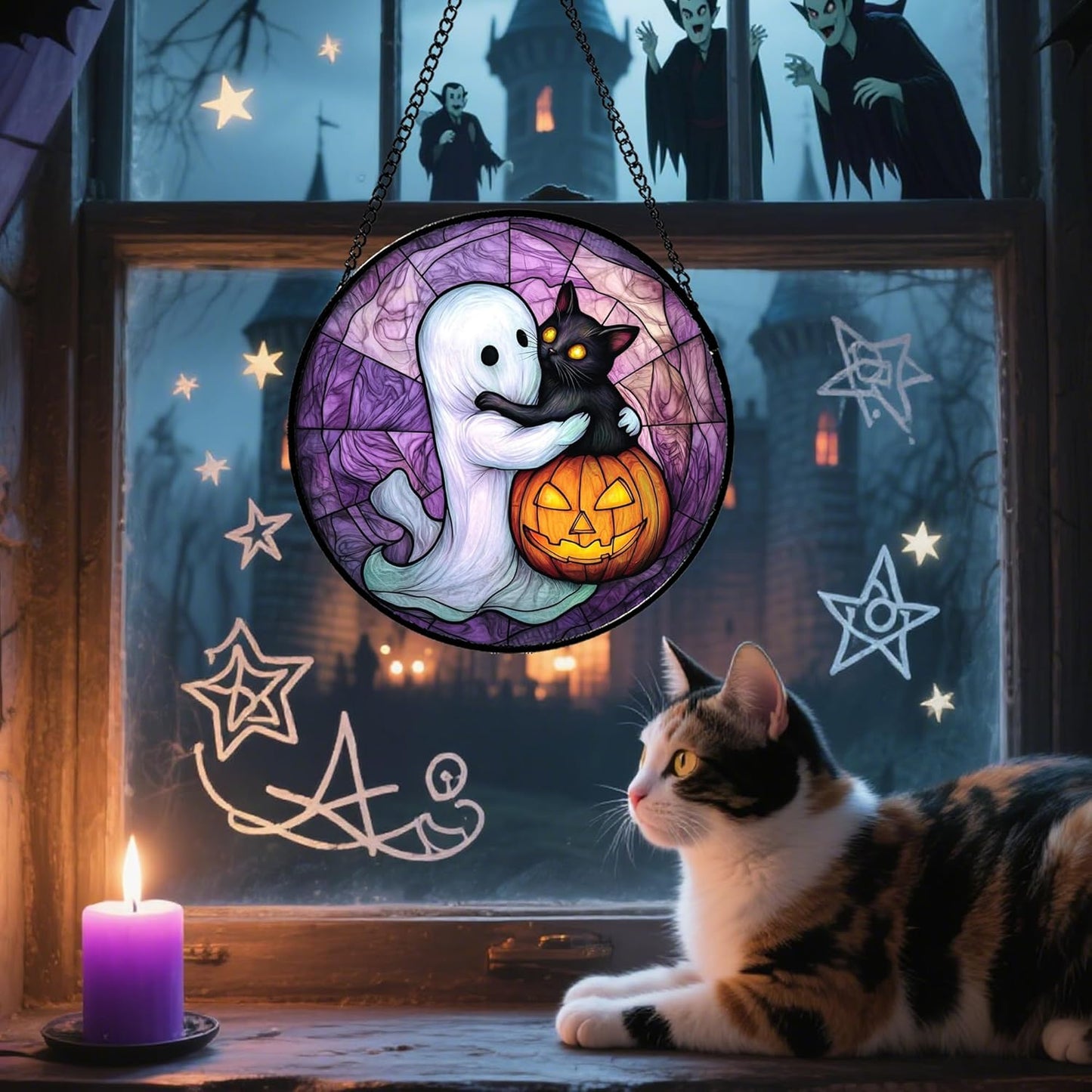 Stained Glass Window Hanging - Halloween Decorations Ghost Black Cat Pumpkin Suncatcher for Door Garden Spooky Purple Sun Catchers Gothic Decor Horror Gifts for Women Men Friend Boy 11.8 in