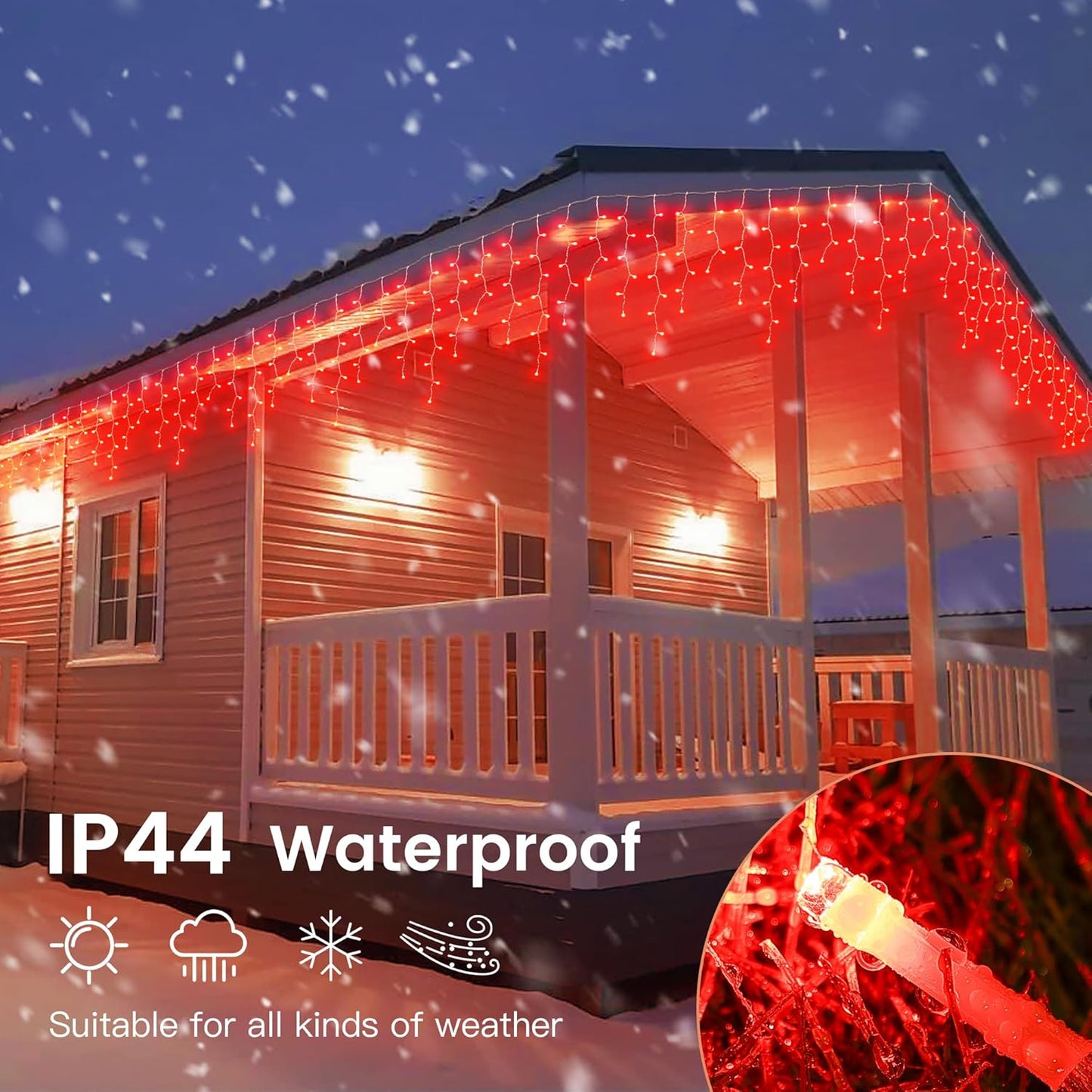 Hopolon 33FT 360L LED Icicle String Lights - Outdoor, Waterproof, 8 Modes, With 60 Drops - Curtain Lights for Indoor/Outdoor Decorations (Red)