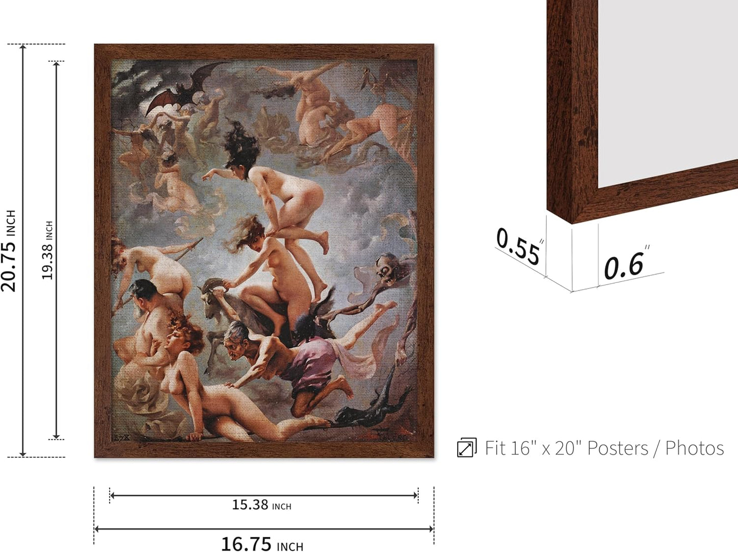 Poster Master Vintage Luis Ricardo Falero Poster - Retro Occult Print - Gift for Gothic, Horror Fan - Witches Going to their Sabbath, Pagan - Wall Decor for Bedroom, Dorm, 16x20 Brown Framed
