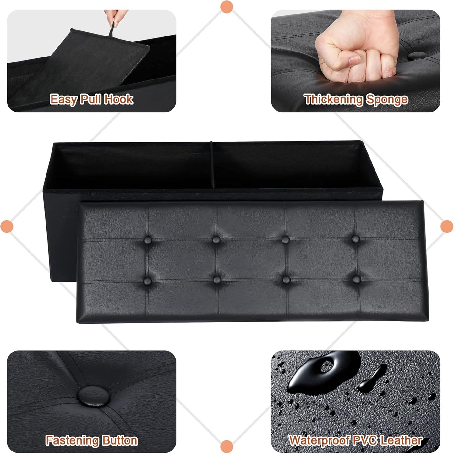 SUPER DEAL 43 Inch Folding Storage Ottoman Bench, Faux Leather Storage Chest Shoes Bench with Divider Padded Seat Couch Footrest for Bedroom Entryway, 660 lbs Capacity 43"x 15"x 15", Black