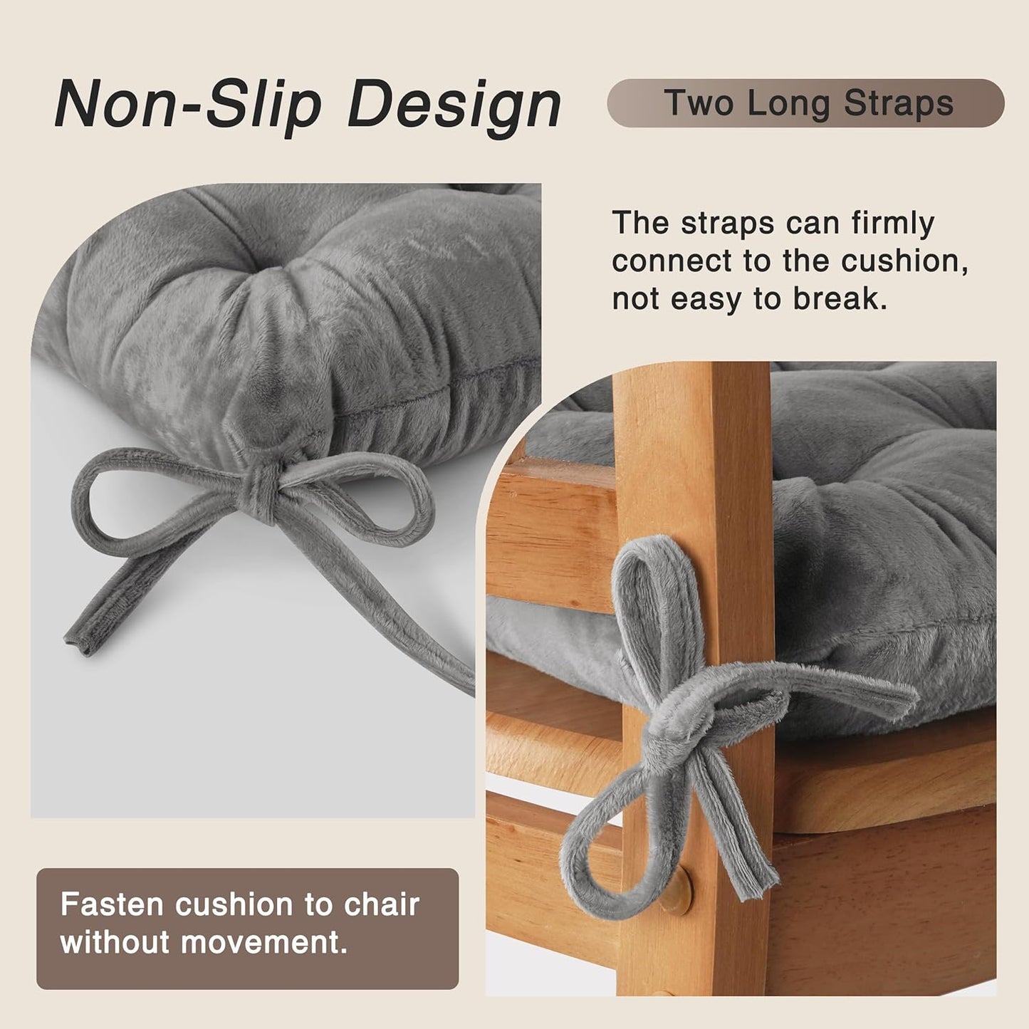 OVOV Chair Cushions for Dining Chairs Set of 6 Tufted Indoor Chair Pads with Ties Soft Square Seat Cushions for Kitchen Chairs 15.5"x15.5",Grey