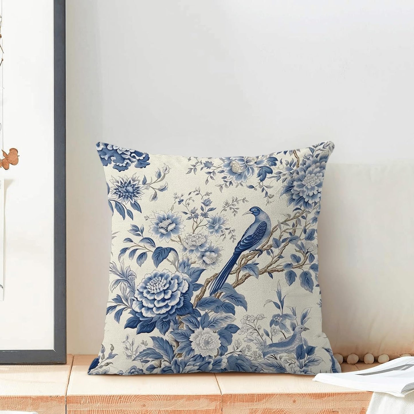 CXMEIFLY Spring Floral Pillow Covers 18 x 18 Inch Set of 2 for Chinoiserie Flowers Bird Decor Throw Pillows Vintage Blue and White Plant Outdoor Decorative Cushion Cases for Couch Bed Decorations