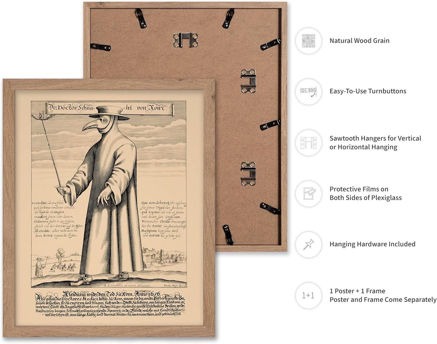 Poster Master Vintage Medieval Poster - Retro Illustration Print - Gift for Friend - Plague Doctor, Pandemic Mask, Physician, Black Death - Wall Decor for Home, Living Room, 11x14 Beige Framed