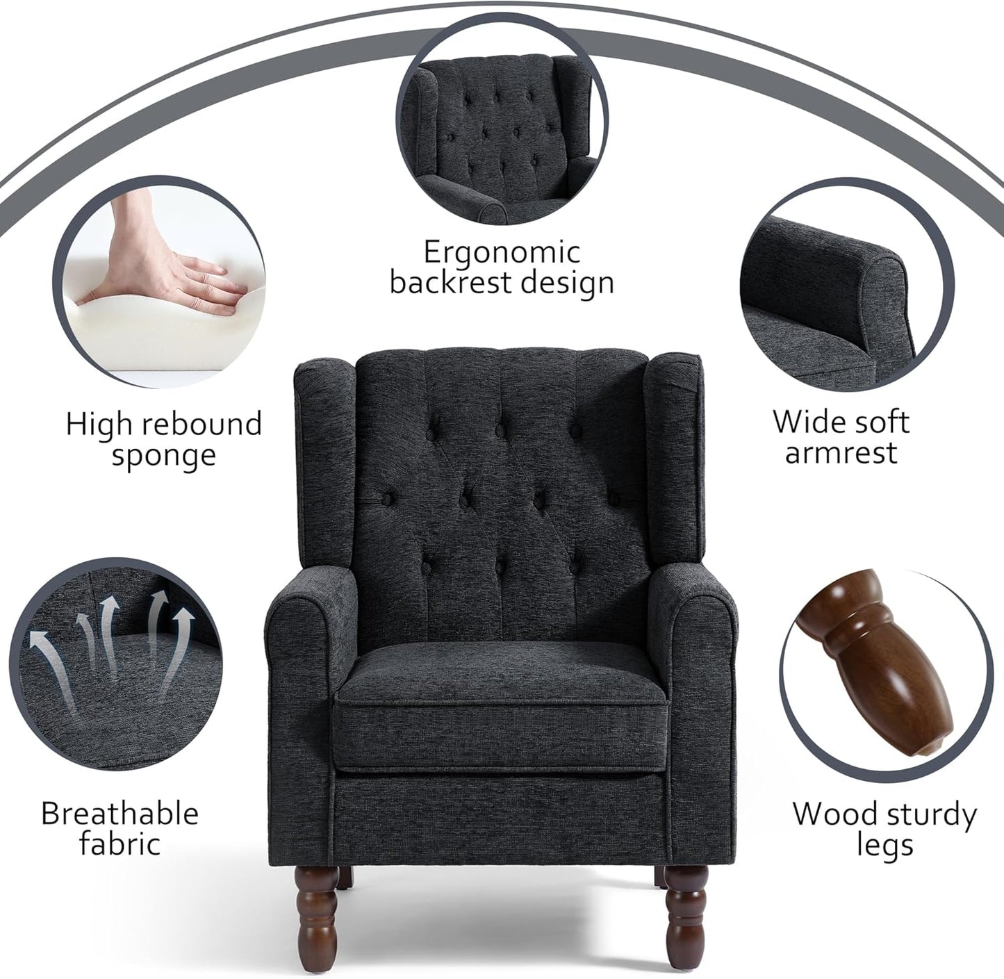 Lumibee High Back Accent Chair Set of 2,Upholstered Wingback Armchair with Solid Wood Legs for Small Spaces,Comfy Single Sofa Chair for Living Room,Bedroom,Office-Black Blue