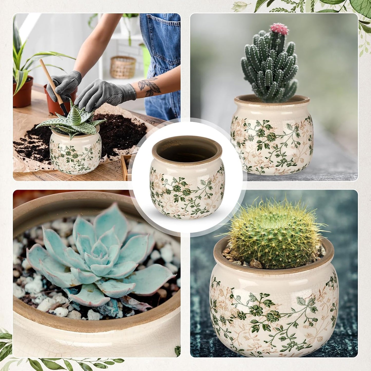 Vintage Planter Large Ceramic Plants Pot Green Pink Pastoral Floral Ice Crack Cottage Scroll Vase Flower Vase Pot Indoor Plants Home Kitchen Decor Farmhouse Antique Decorative Gifts