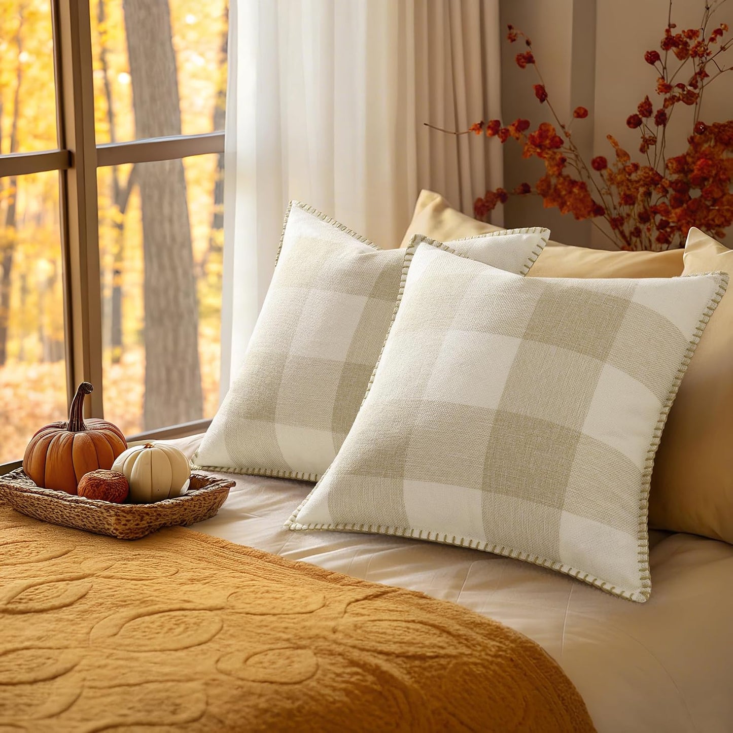 decorUhome Buffalo Plaid Check Fall Throw Pillow Covers 18x18 Set of 2, Outdoor Decorative Farmhouse Pillow Covers with Stitched Edge for Bed Couch Sofa, Cream White and Beige