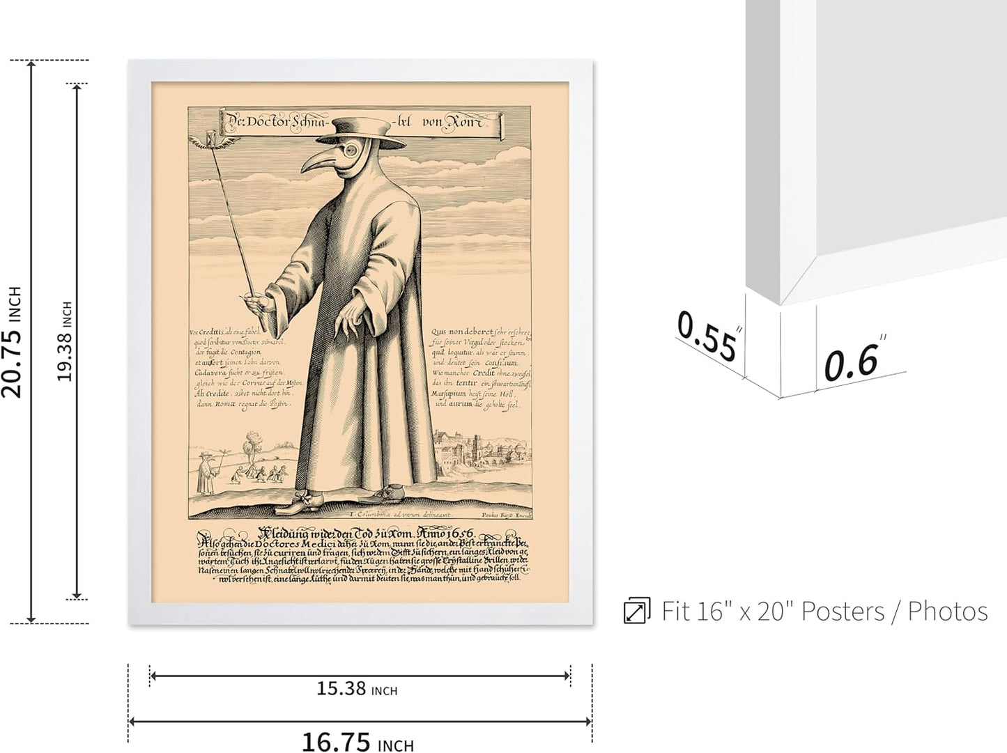 Poster Master Vintage Medieval Poster - Retro Illustration Print - Gift for Friend - Plague Doctor, Pandemic Mask, Physician, Black Death - Wall Decor for Home, Living Room, 16x20 White Framed