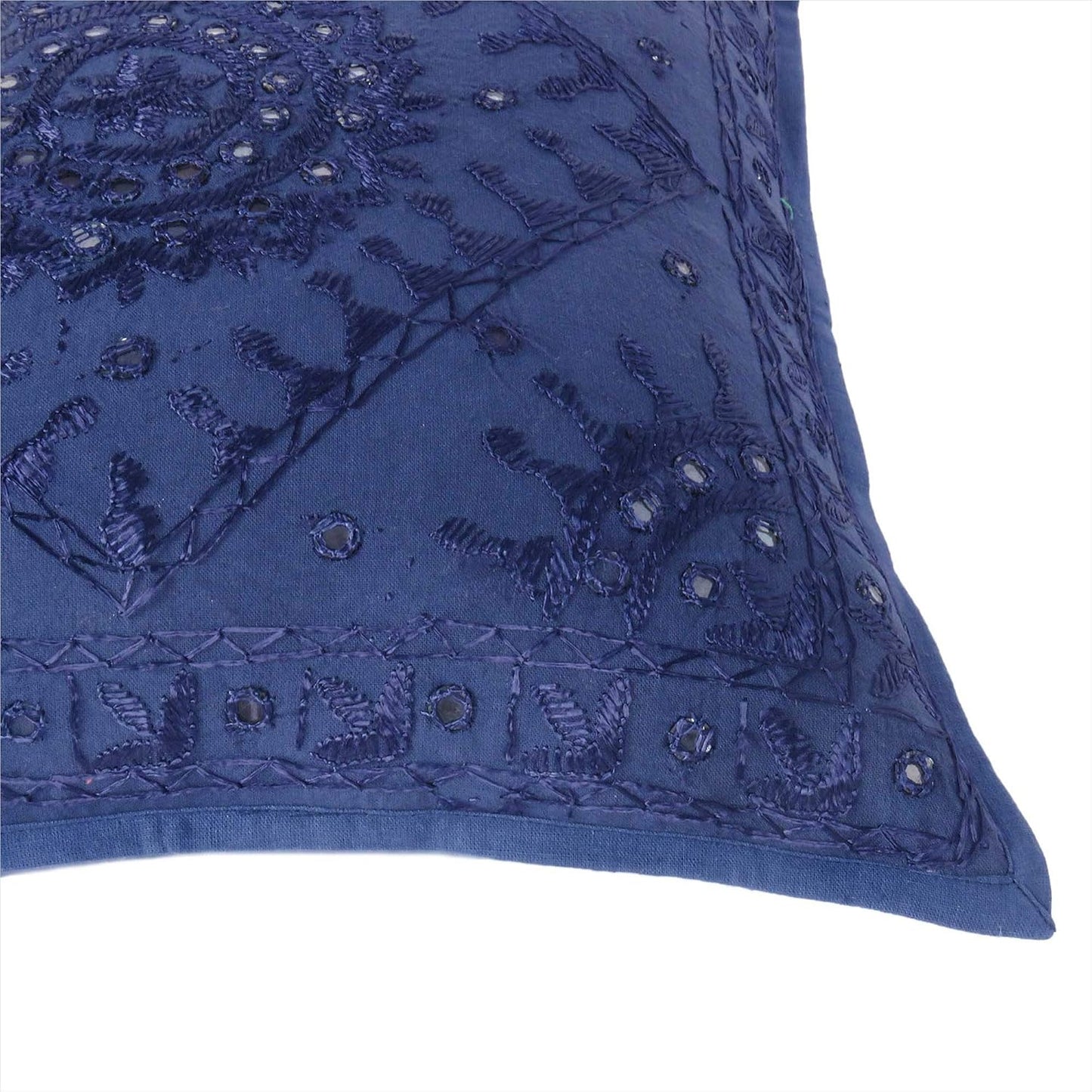 Eyes of India Embroidered Decorative Boho Throw Pillow Cover with Mirrors, Handmade Bohemian Accent Cushion Case for Sofa Couch Bedroom Living Room (Blue, 16" x 16")
