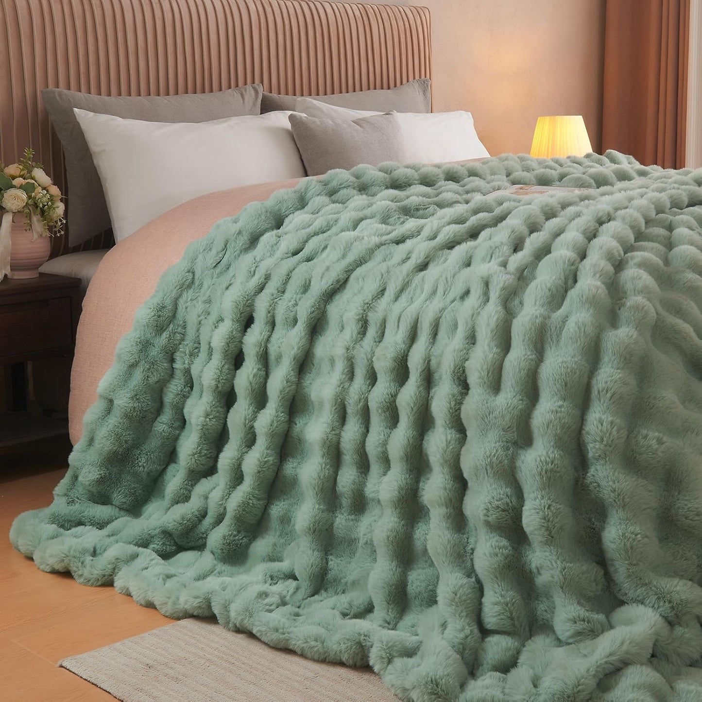 Lotus Karen Faux Fur Throw Blanket Sage Green - Big Bubble Rabbit Fluff Blanket for Couch Bed Sofa,Softest Fluffy Fuzzy Cozy Blanket,Plush Thick Furry Shaggy Warm Blankets for Women,90x90 Inches