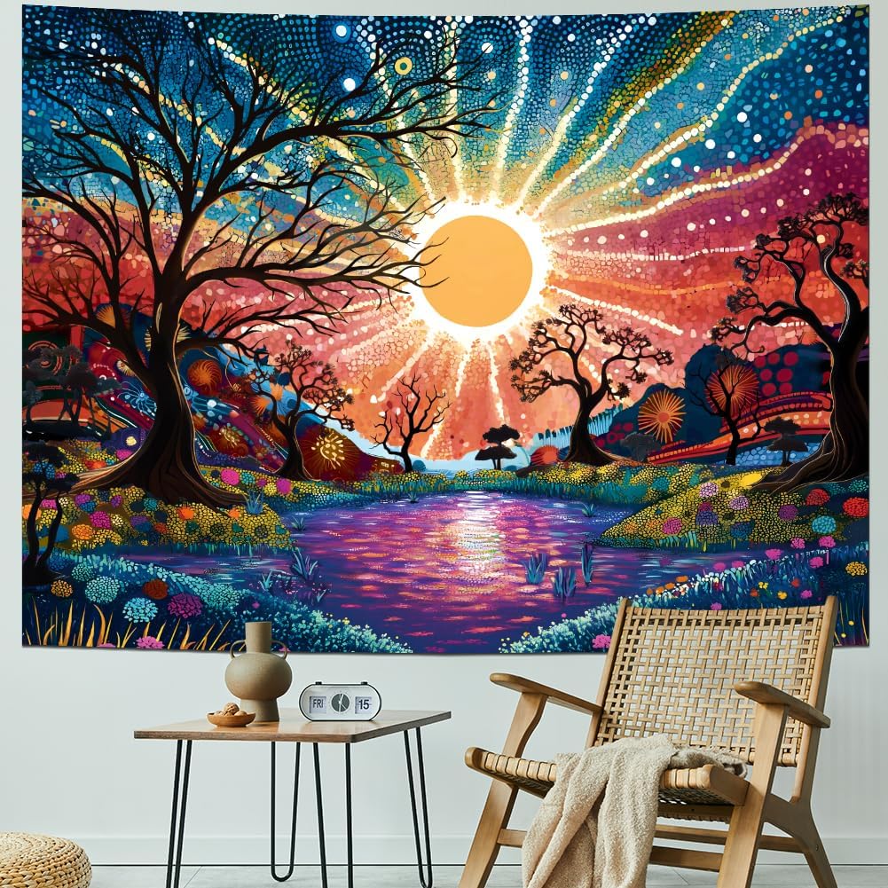 Serborlur Tree of Life Tapestry Trippy Sun Forest Tapestries Colorful Starry Sky Tapestries Hippie Nature Landscape Tapestry Wall Hanging for Bedroom (39.4" x 52.4")