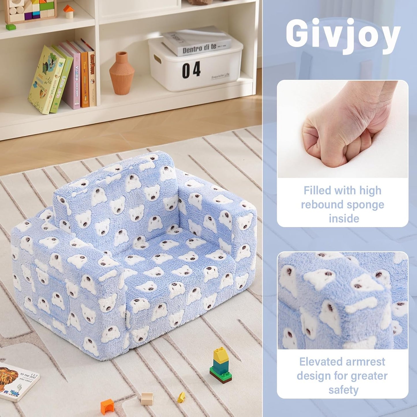 Toddler Chair Kids Couch, 2-in-1 Comfy Armchair with Removable and Washable Cover Carrying Handle, Convertible Reading Chair Toddler Couch for Girls and Boys