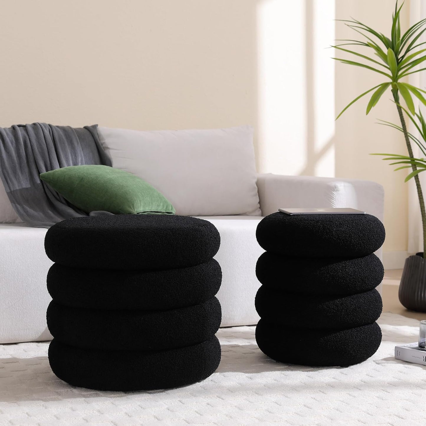 ONEVOG 16 Inch Small Ottoman Foot Rest, Sherpa Storage Ottoman for Toys, Black Vanity Stool Soft Tufted Fabric Pouf, Footstool Seat for Living Room, Dorm, Bedroom