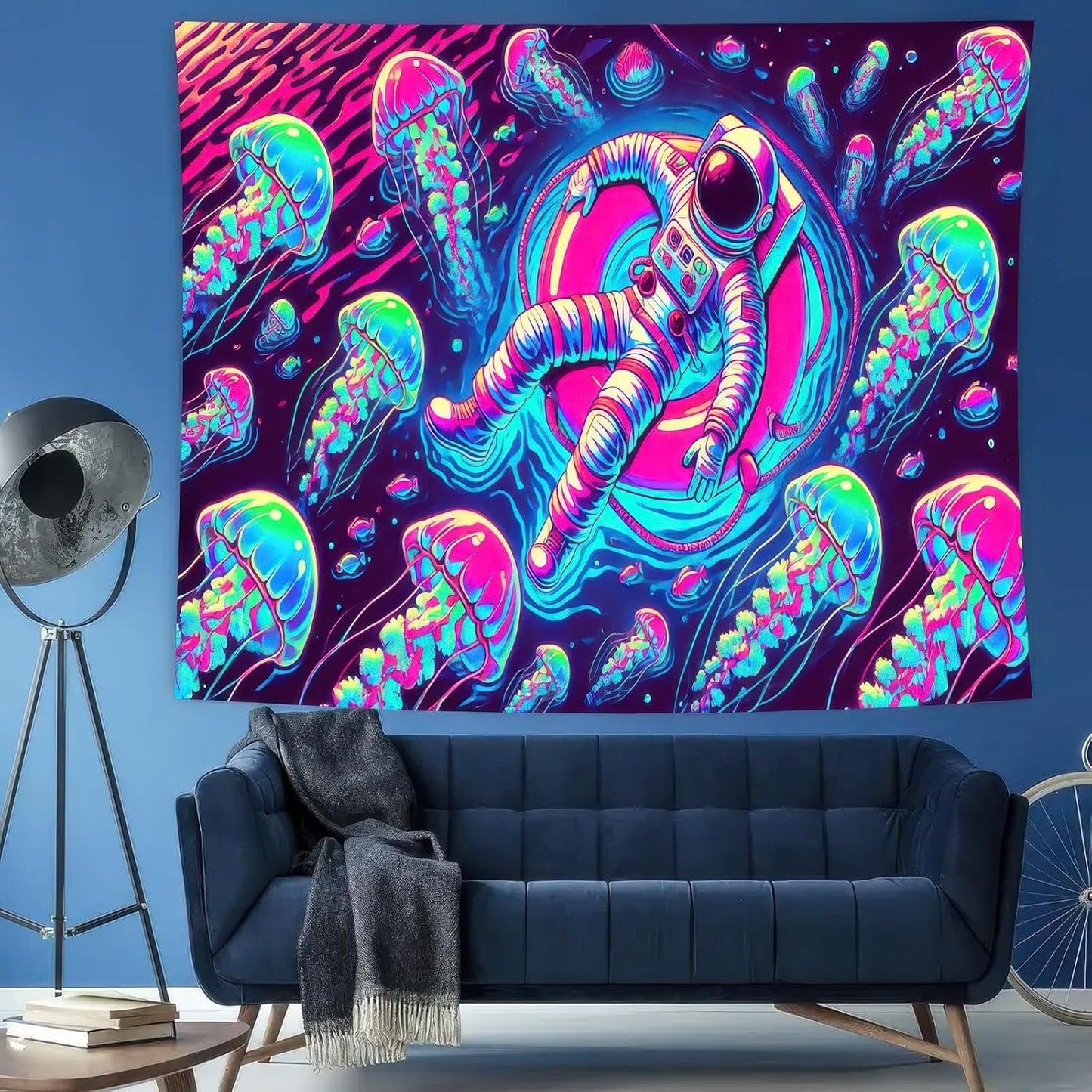 BlissYard Blacklight Tapestry Uv Reactive Tapestry Glow Tapestry 78x59 Inches Wall Tapestry Astronaut Jellyfish in Space Fluorescent Wall Hanging Neon Art Decor with Cosmic Jellyfish and Space Theme
