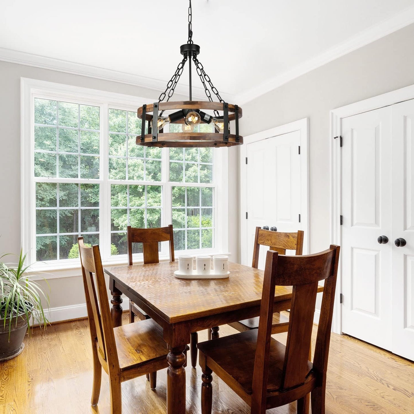 Farmhouse Rustic Wood Chandelier, 4-Light Industrial Drum Chandelier for Dining Room Vintage Pendant Hanging Light Fixture with Black Metal Accent for Kitchen Living Room Dining Area