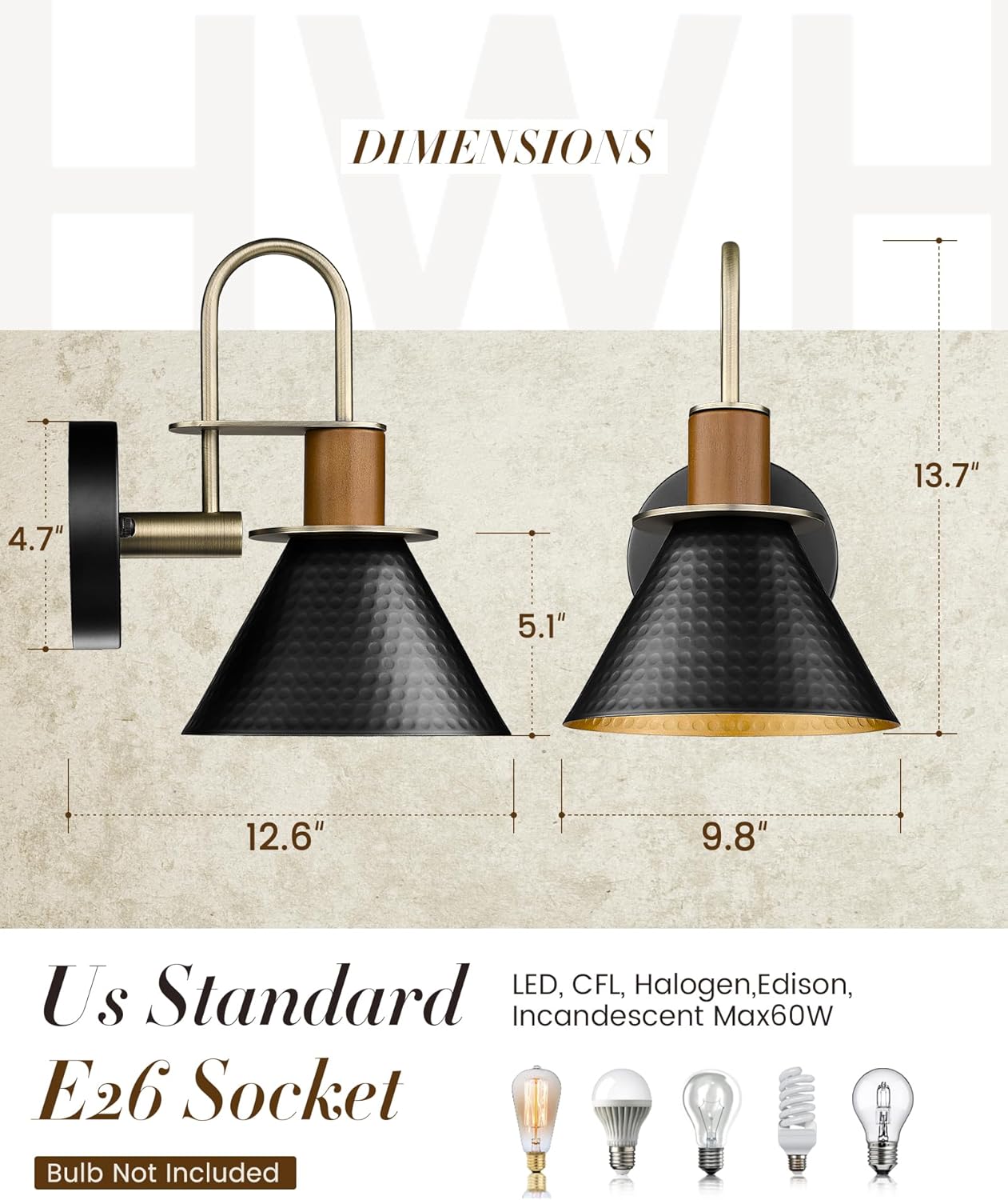 Black and Gold Wall Sconces, HWH Industrial Sconces Wall Lighting Indoor Vanity Barn Light Fixture, Gooseneck Wall Lamp for Bathroom Bedside Bedroom Kitchen, Hammered Metal Shade, 5HZG74B-L BK+BG