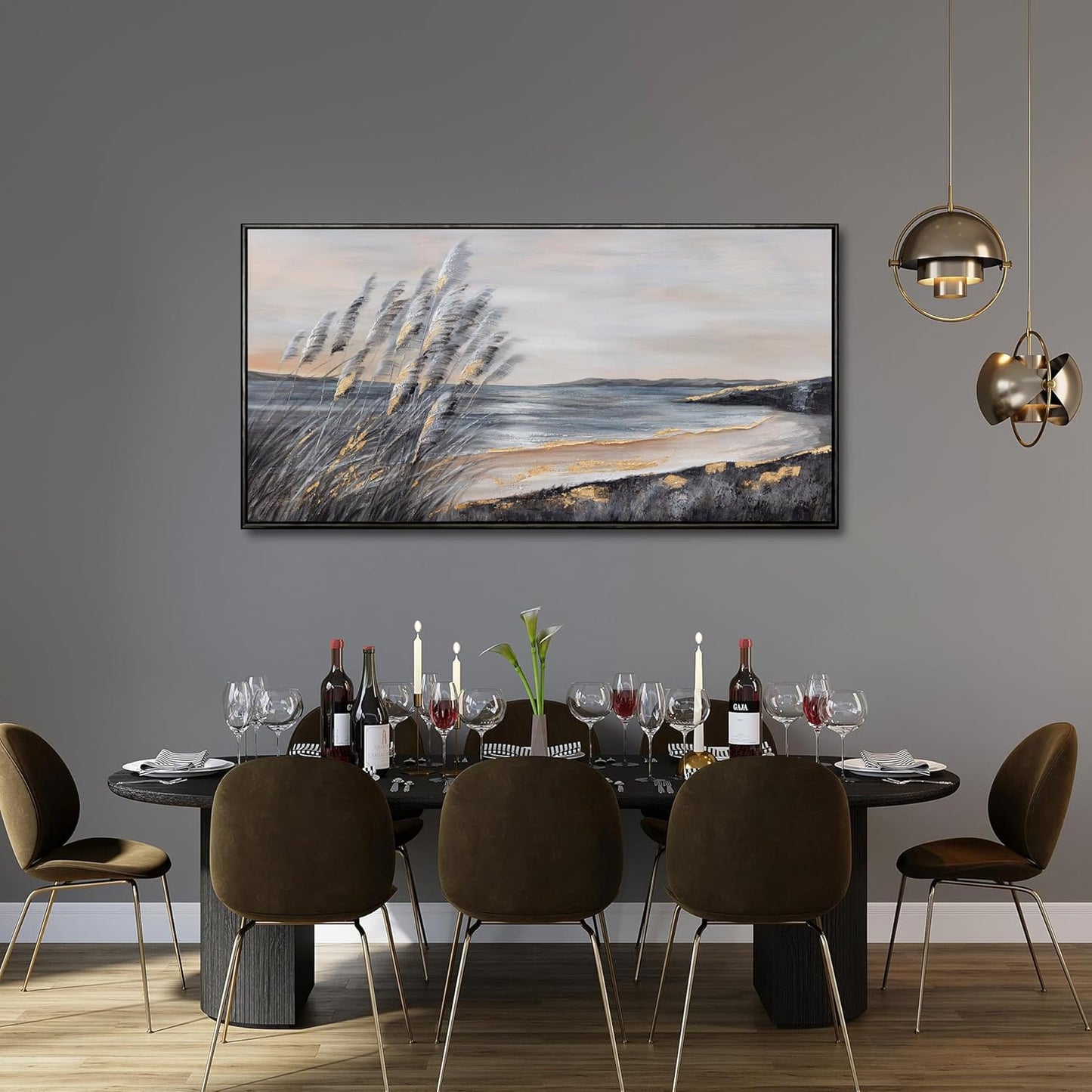 Yuaxker Large Ocean Wall Art Black and Gold Wall Decor Framed Hanging Canvas Painting Modern Aesthetic Artwork for Living Room Bedroom Dining Room Office Home Decor 30x60 Inch