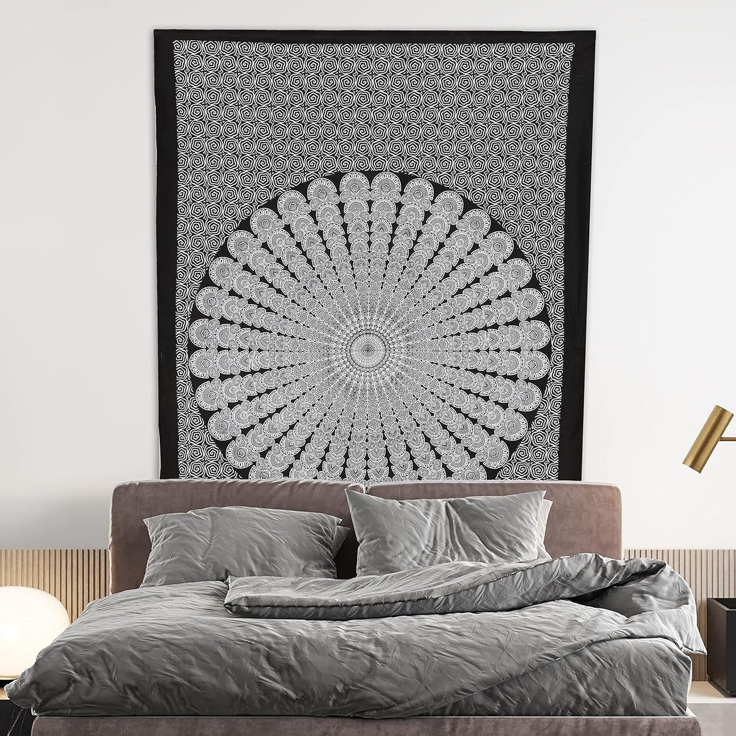 Bless International Handmade Indian hippie Bohemian Psychedelic Peacock Mandala Wall hanging College Dorm Beach Throws Table Cloth Bedding Tapestry (Black White, Queen(84x90Inches)(215x230Cms))