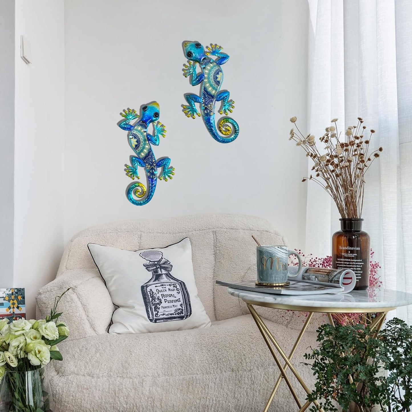 HONGLAND Metal Gecko Wall Art 2Pcs Outdoor Wall Decor Lizard Metal Hanging Wall Decoration Glass Sculpture for Garden Yard Patio Fence Home (Blue)