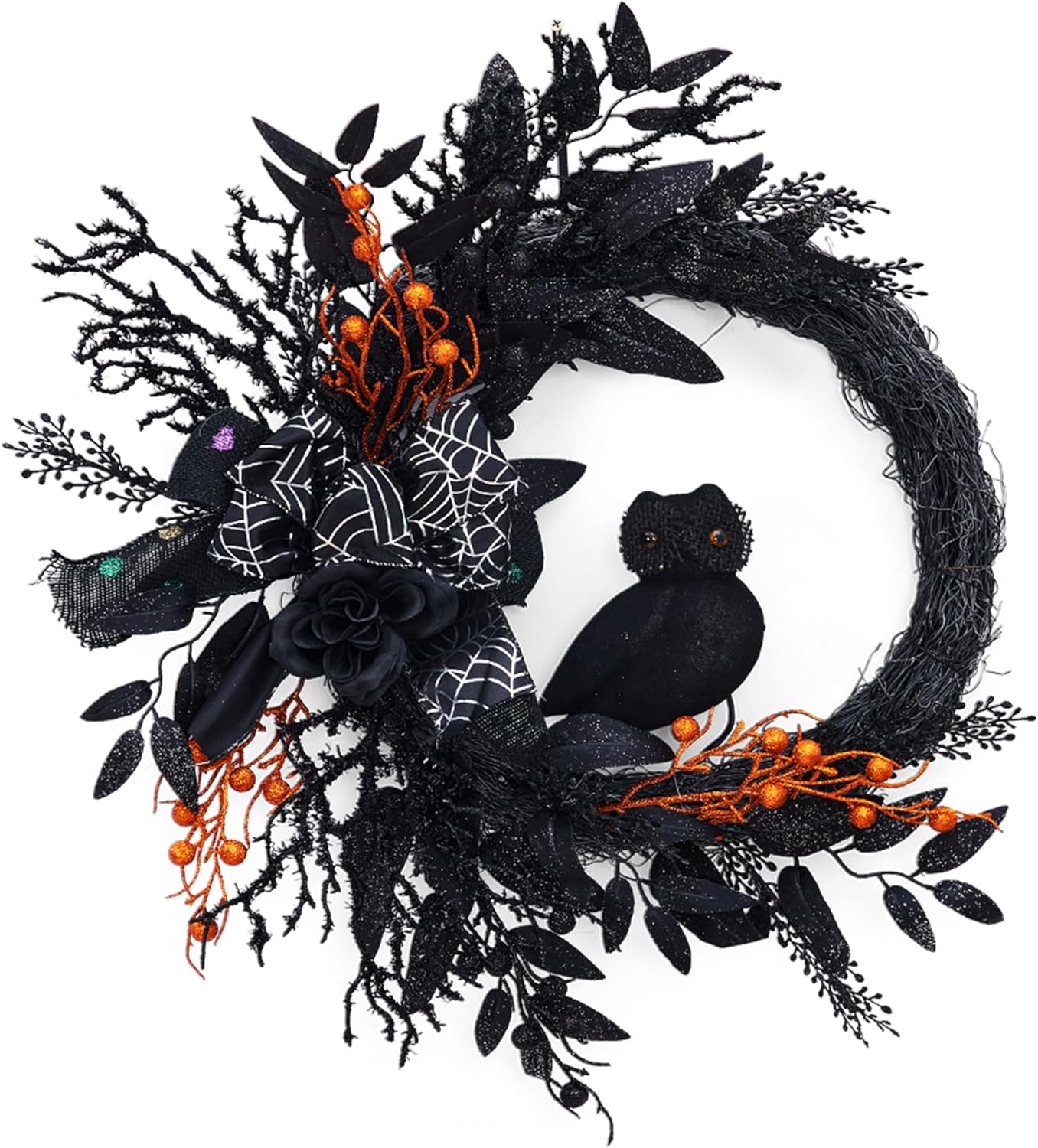 20 Inch Halloween Owl Wreath for Front Door - Gothic Garland with Natural Vines & Black Roses, Outdoor Indoor Decor for Porch, Wall, Window, Party Home Decor