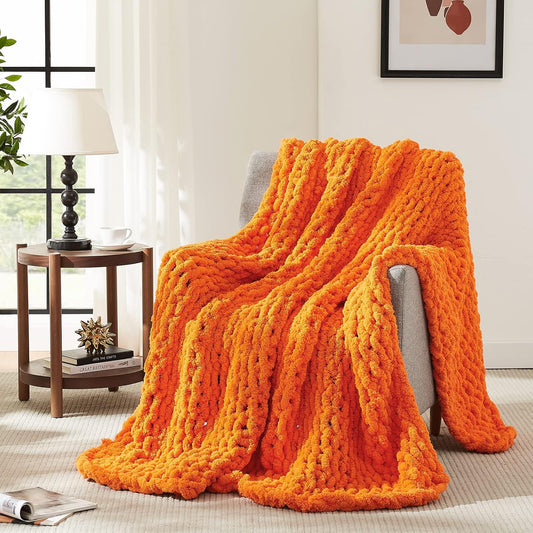 L'AGRATY Chunky Knit Blanket Throw: 50''x60'' Chenille Chunky Knitted Throw Blanket for Bed Couch - Handmade Thick Big Cable Knit Blanket - Large Chunky Crochet Rope Blanket for Home Decor(Orange)