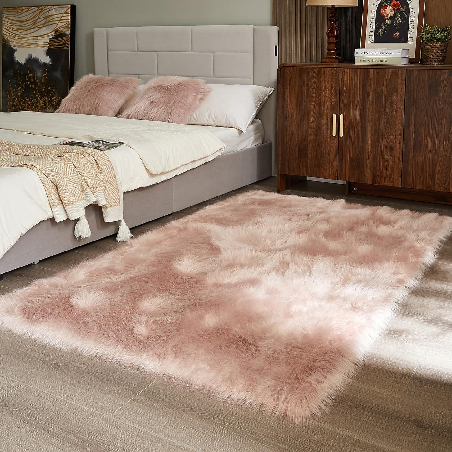 AMTOVO Faux Fur Sheepskin Rug for Living Room, 4 x 6 ft Pink Fluffy Area Rug for Bedroom, Playroom, Luxury Room Decor, Rectangle