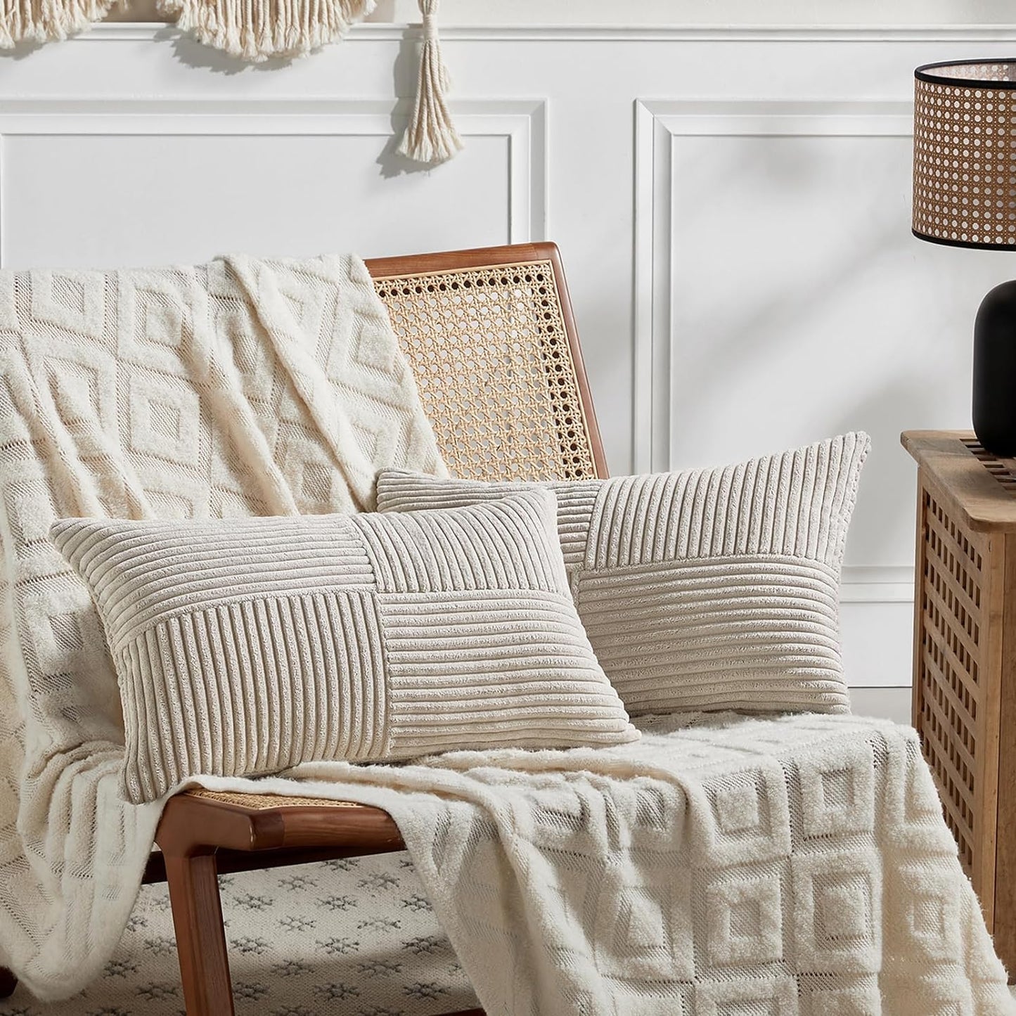 Fancy Homi 2 Packs Neutral Taupe Lumbar Decorative Throw Pillow Covers 12x20 Inch for Living Room Couch Bed Sofa, Farmhouse Home Decor, Soft Striped Corduroy Rectangle Accent Cushion Case 30x50 cm