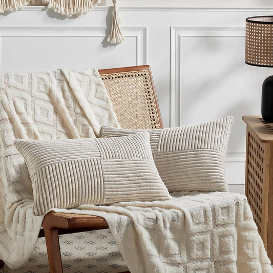 Fancy Homi 2 Packs Neutral Taupe Lumbar Decorative Throw Pillow Covers 12x20 Inch for Living Room Couch Bed Sofa, Farmhouse Home Decor, Soft Striped Corduroy Rectangle Accent Cushion Case 30x50 cm