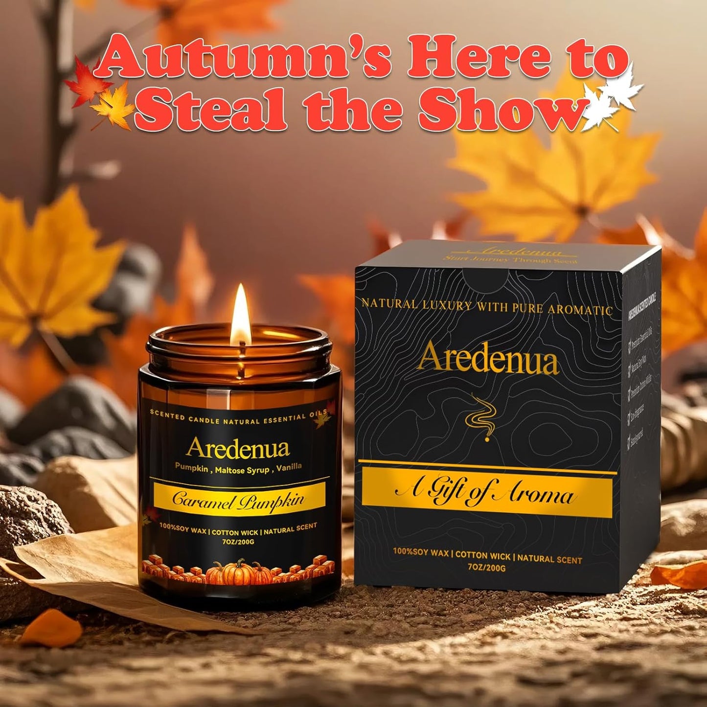 Fall Candles - Caramel Pumpkin Candle | Halloween Pumpkin Candles - Autumn7 OZ Autumn Soy Candle for Home Scented - Cozy Autumn Home Décor, Perfect Halloween & Thanksgiving Gift