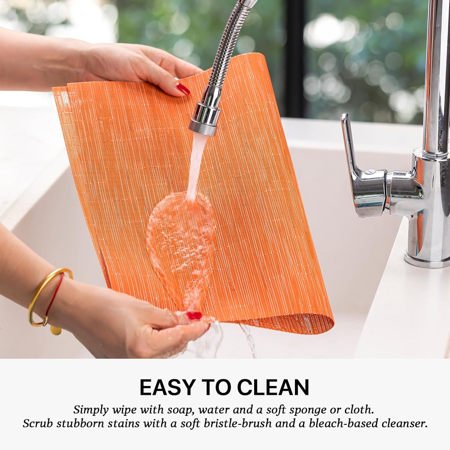 LEXMORE Placemats Set of 6 Vinyl/Plastic Woven Place Mats for Kitchen Table Indoor/Outdoor Washable Placemat Wipeable Dining Table Mats(Orange)