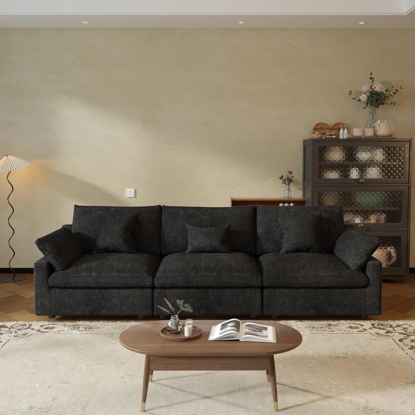 JACH Sectional Couches for Living Room, 3 Seater Cloud Sectional Couch with Deep Seat, Down Filled Modular Sofa, Covers Removeable & Washable, Sofas Furniture for Living Room, Black