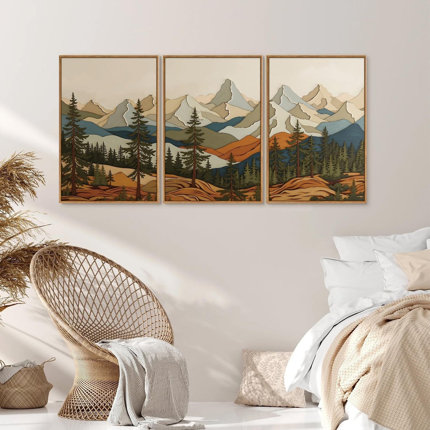 SIGNINART Vintage Mountains Framed Canvas Wall Art, Wooden Forest Wall Decor, Green Wood Pine Trees Wilderness Artwork, Metal Ridge Landscape Art Paintings for Living Room Bedroom Office 16"x24"x3