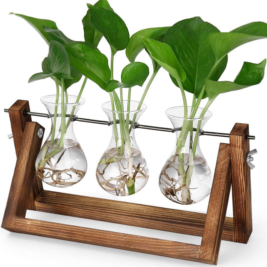 YIBOT Propagation Stations,Plant Terrarium with Retro Wooden Stand, Unique Gardening Birthday Gifts for Women Plant Lovers, Hydroponics Plants Home Office Garden Decor - 3 Bulb Glass Vases