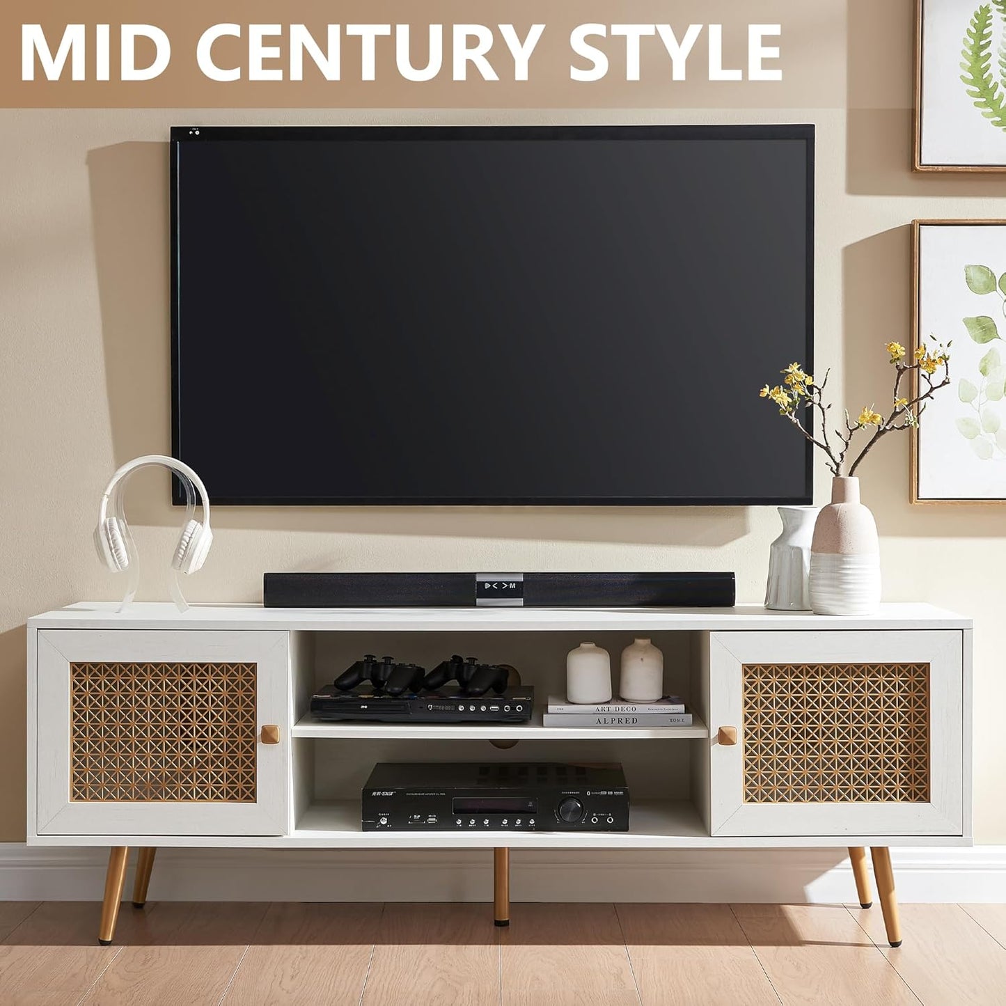 JYED Mid Century Modern TV Stand with Metal Mesh Doors and Open Shelf for 65" TVs,Antique White Media Console Wood Entertainment Center with Cable Holes for Living Room.59.06"x15.55"x20.87"
