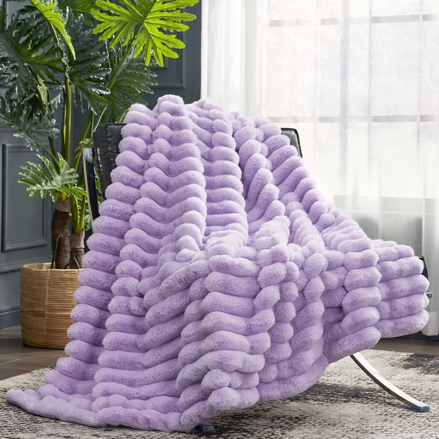 Cozy Bliss Faux Fur Throw Blanket for Couch, Cozy Warm Plush Striped Blanket for Sofa Bedroom Living Room, 50 * 60 Inches Lavender Purple