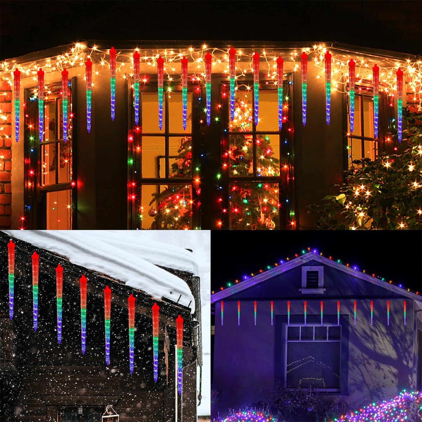 WATERGLIDE 16 Icicles Meteor Shower Lights, 12" Outdoor Christmas Icicle 384 SMD LED Crystal Ice Falling, Connectable Raindrop, Xmas Winter Party Tree Holiday Decor, Multicolor