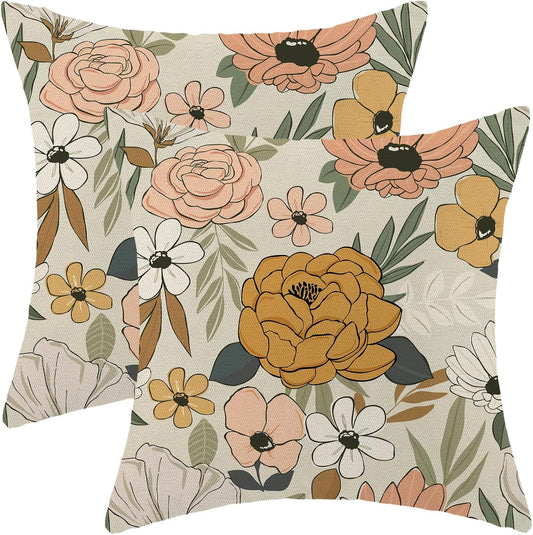 CXMEIFLY Spring Floral Pillow Covers 18 x 18 Inch Set of 2 for Vintage Mustard Yellow Pink Flowers Decor Throw Pillows Plant Cream Outdoor Decorative Cushion Cases for Couch Bed Decorations