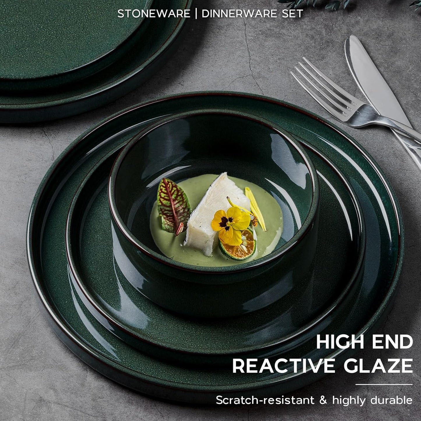 Onader Stoneware Dinnerware Sets for 4, Reactive Glaze Plates and Bowls Sets, Ceramic Dish Dinner Set with Rustic Terracotta Bottom, 12 Piece Elegant Dishware - Emerald Green